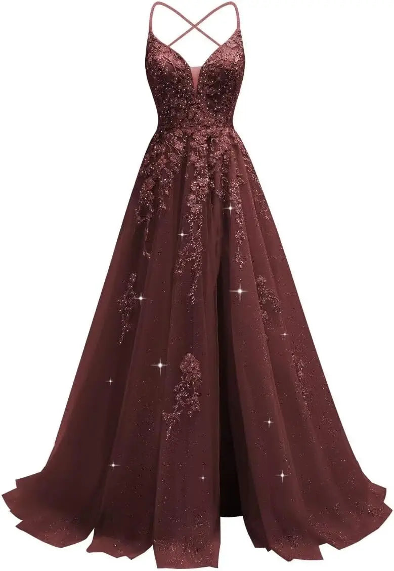 Tüll-Spitzen-Applikationen, Ballkleid, langes Ballkleid für Damen, Spaghettiträger, Korsett, rückenfreies Abendkleid 