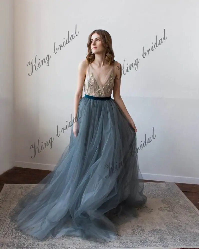V-neck halter belt with bow Tulle bridal full dress, Bridal bow sash dress simple wedding dress bridal party evening dresses
