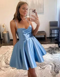 Spaghetti Straps Satin Homecoming Dresses for Women Short Halter Formal Prom Dresses with Pockets Graduation Mini Dress