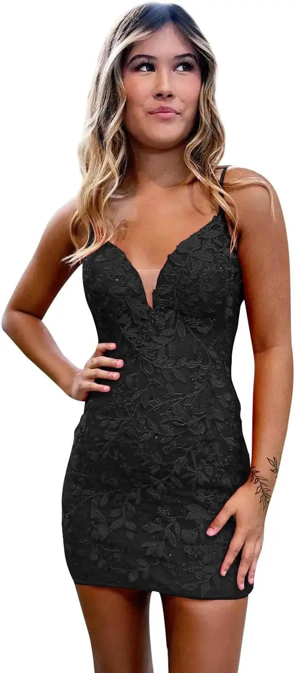 Etuikleid für Teenager mit Spitzenapplikationen, enges, offenes Rückenkleid, kurzes Ballkleid, formelle Abendkleider, Hochzeitsfeier, Cocktailkleid 