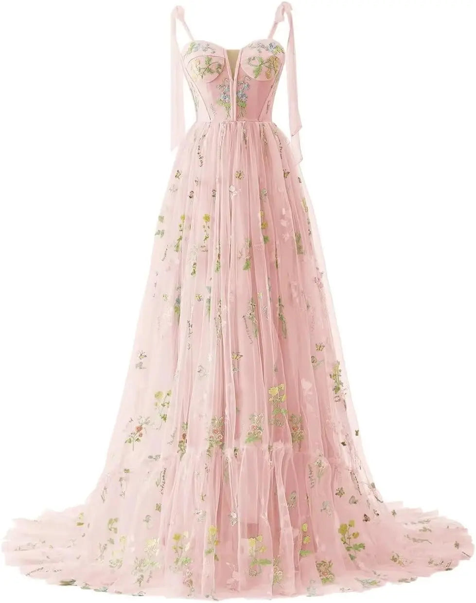 Women's Flower Embroidery Tulle Prom Dresses Corset Long Spaghetti Strap Fairy Ruched Formal Evening Party Gowns Bridesmaid Gown