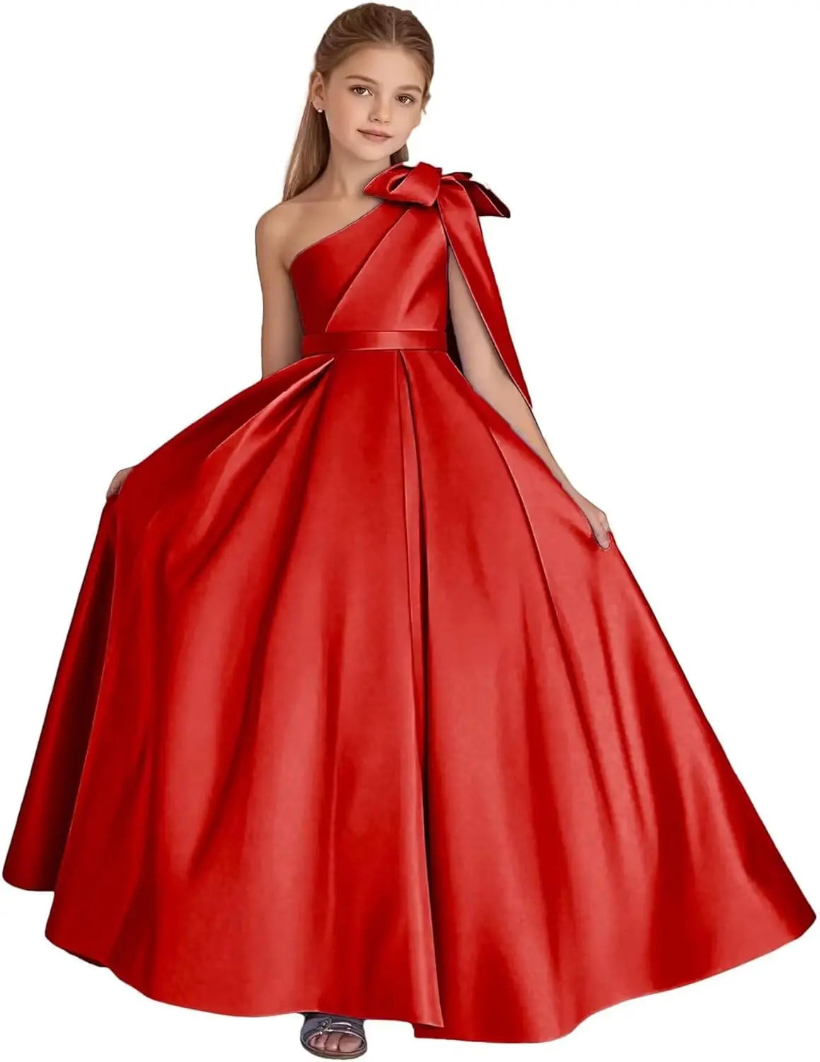 One-Shoulder-Satin-Blumenmädchenkleider, lange Festzugskleider für Mädchen, Ballkleid mit Schleife, Prinzessinnenkleid, Partykleider