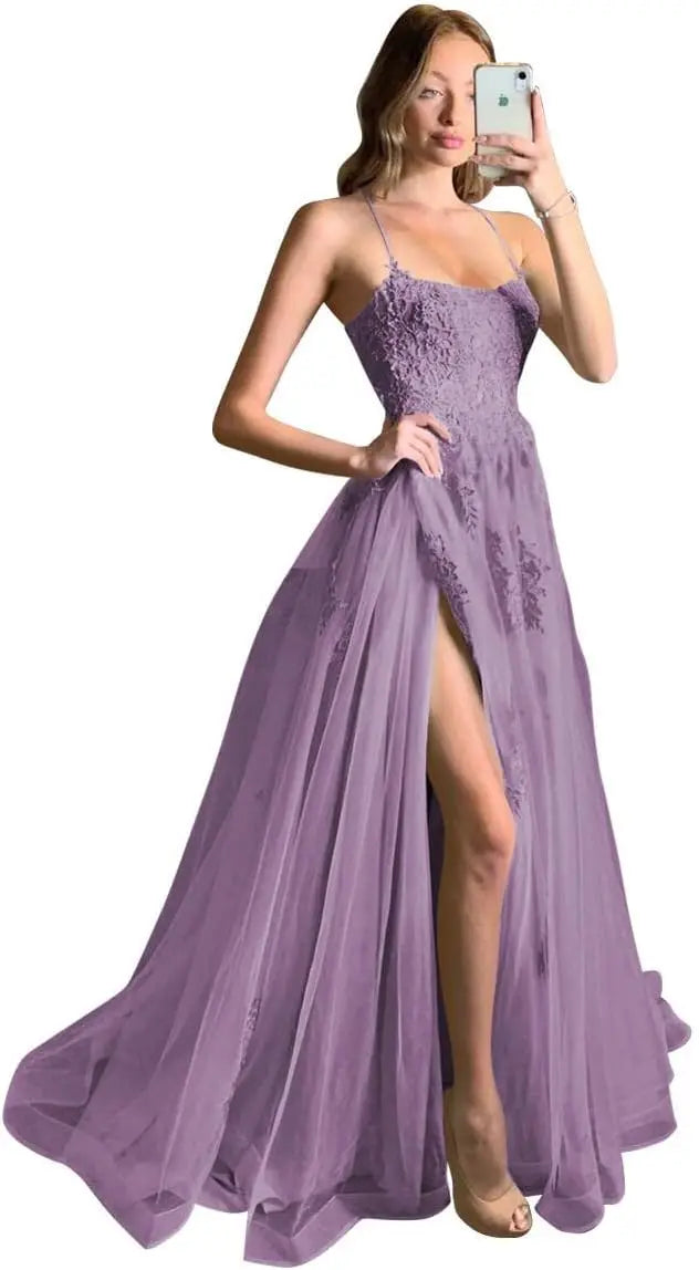 Vestidos de fiesta largos de encaje cruzado con tirantes finos y abertura para mujer 2026. 