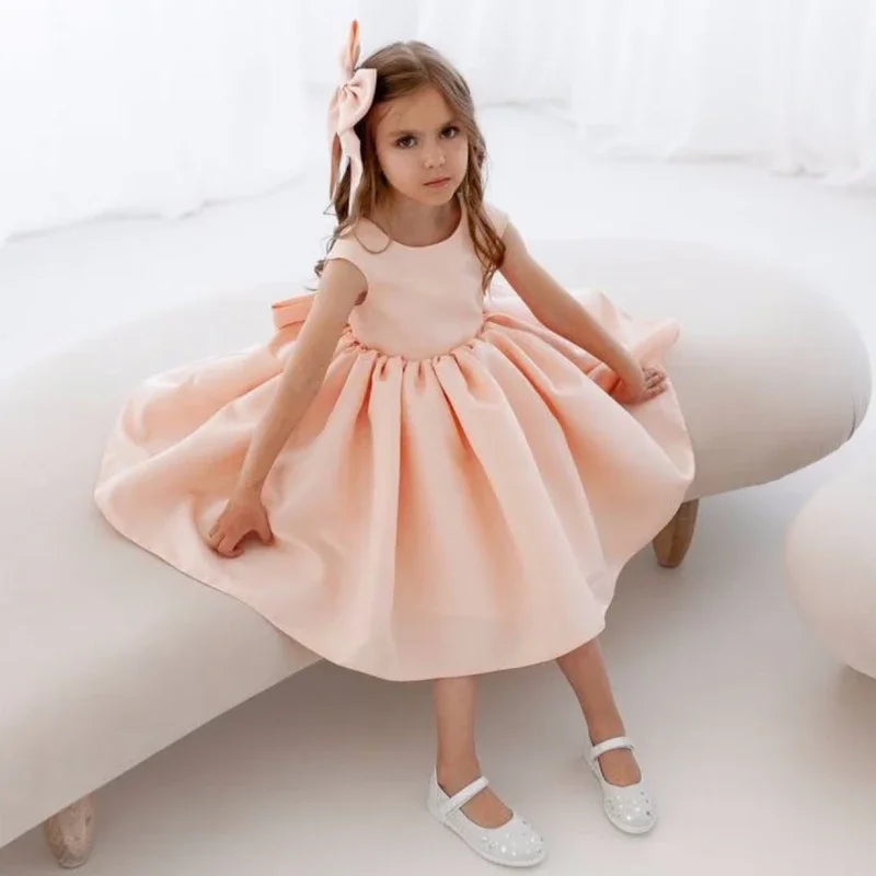 Prinzessin Kleid Blumenmädchen Kleider Orange Satin mit Schleife ärmellos für Hochzeit Geburtstag Party Erstkommunion Kleider 