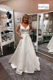 Satin A Line Wedding Dresses for Bride V Neck Prom Dresses with Pockets Simple Long Ball Gowns