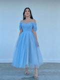 Tulle Sweetheart A-line Evening Dresses Off the Shoulder Tea-Length Formal Dress With Pleats & Bow Elegant Lace Up Prom Gowns