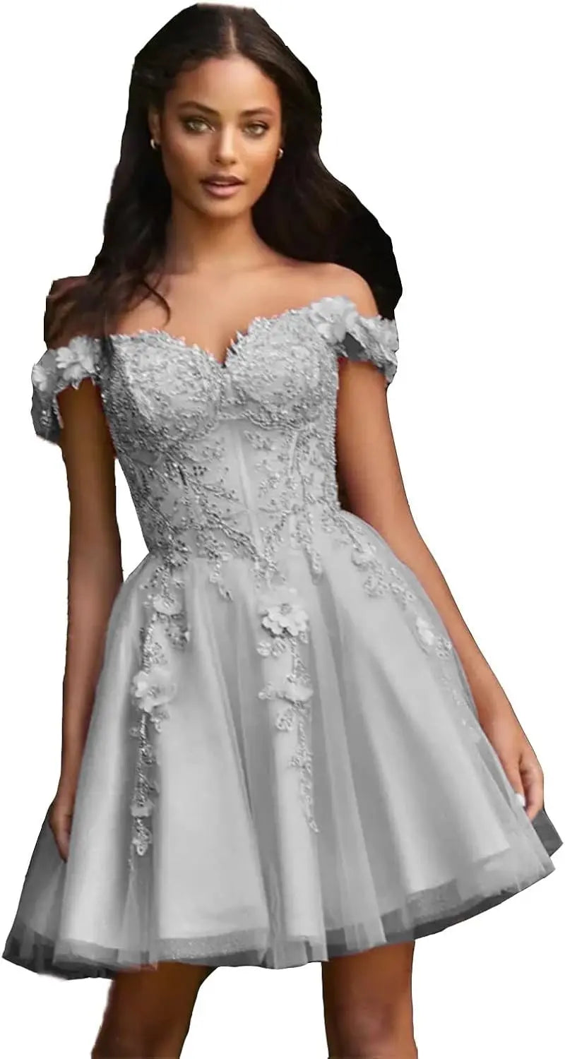 Vestidos de fiesta de tul con hombros descubiertos 2025, vestidos de fiesta cortos de encaje estilo princesa, vestidos de graduación 