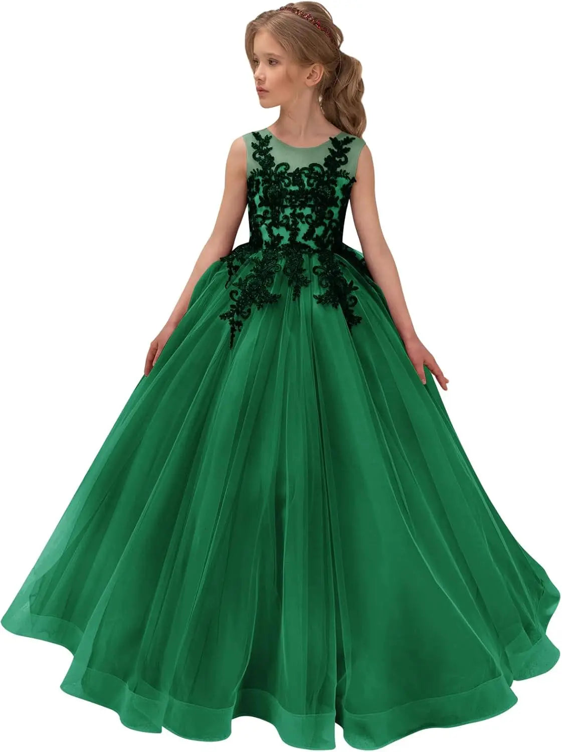 Festzugskleider für Mädchen, Spitzenapplikation, Blumenmädchenkleid, Tüll, Festzugskleid für Mädchen, lang, ärmellos, Prinzessinnen-Party-Ballkleid 
