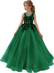 Festzugskleider für Mädchen, Spitzenapplikation, Blumenmädchenkleid, Tüll, Festzugskleid für Mädchen, lang, ärmellos, Prinzessinnen-Party-Ballkleid 