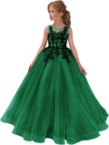 Festzugskleider für Mädchen, Spitzenapplikation, Blumenmädchenkleid, Tüll, Festzugskleid für Mädchen, lang, ärmellos, Prinzessinnen-Party-Ballkleid 