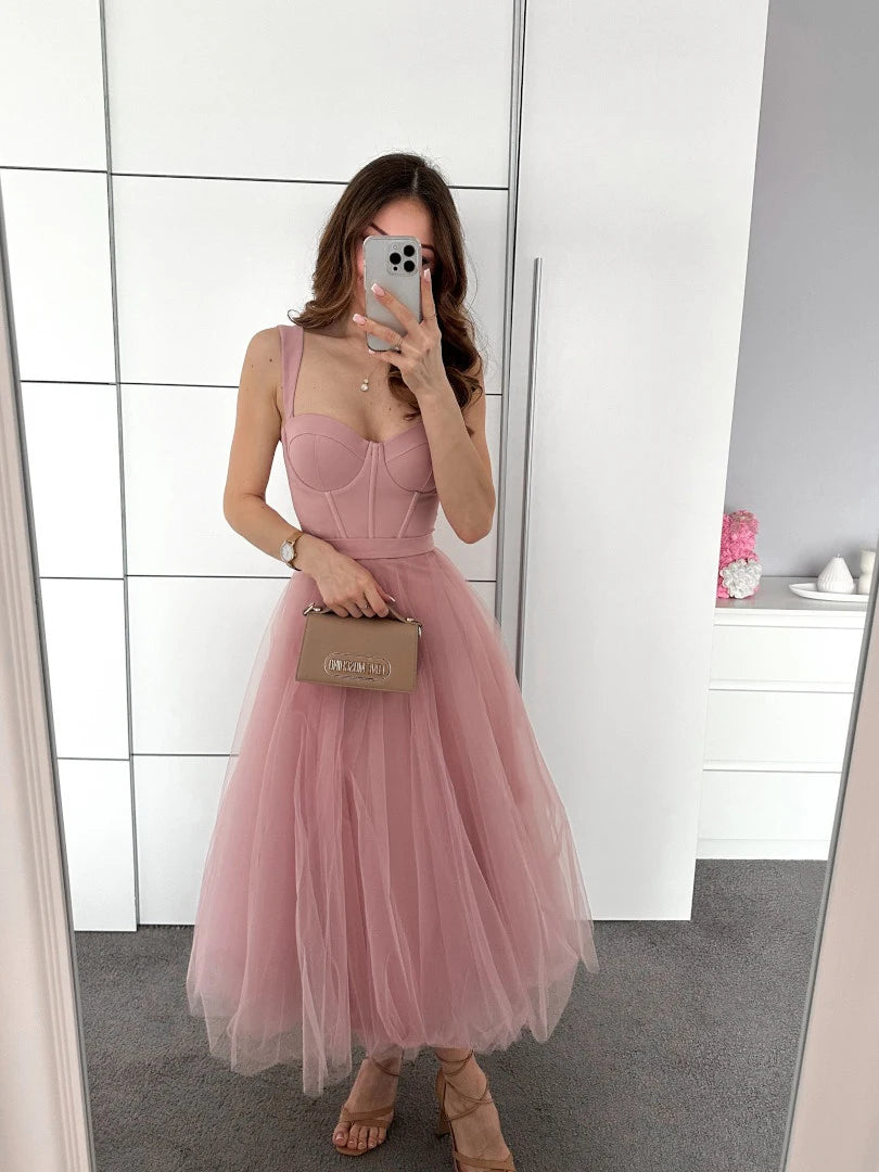 Tulle Tea-Length Prom Dresses High Quality Sweetheart Spaghetti Straps Party & Vacation Wear Elegant Plain A-line Evening Gowns