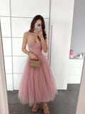 Tulle Tea-Length Prom Dresses High Quality Sweetheart Spaghetti Straps Party & Vacation Wear Elegant Plain A-line Evening Gowns