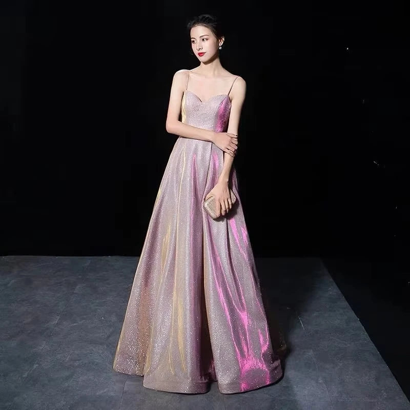 Elegant Glitter Banquet Dresses Women Fashion Spaghetti Straps Slimming Starry Sky Evening Party Dress Sexy Gown Prom Dress
