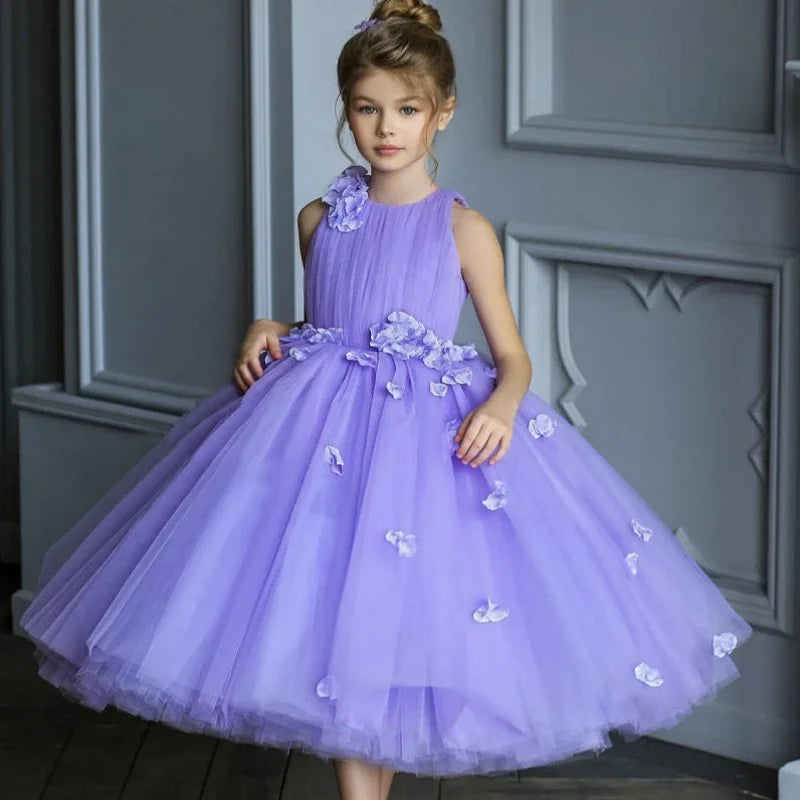 Vestidos de primera comunión para fiesta de cumpleaños, vestidos de niña de las flores de tul morado, hinchados con flores y pétalos, sin mangas para boda 