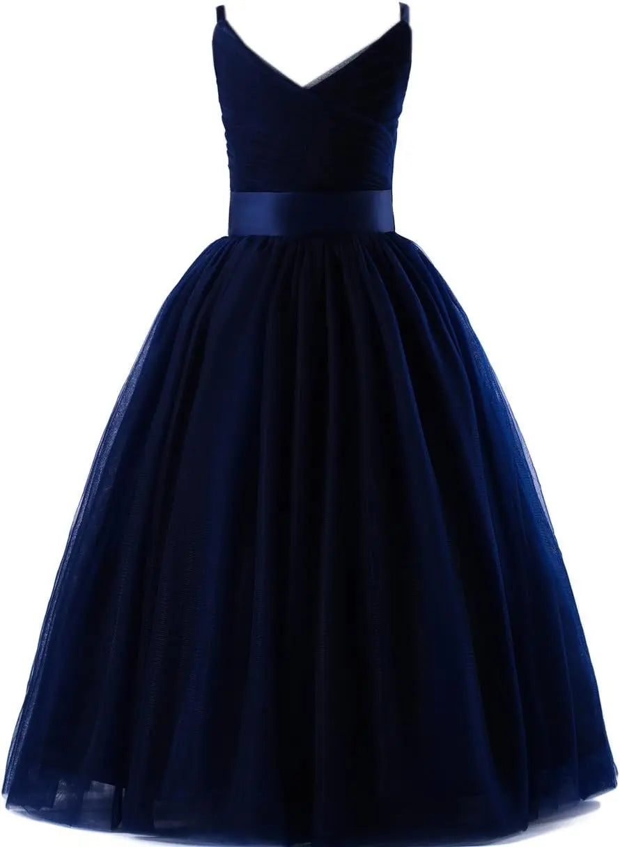 Vestido de tul con tirantes finos para niñas de flores, largo, corte A, para bodas, desfiles, princesas, fiestas de cumpleaños, vestidos de gala 