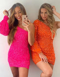 Vestidos de fiesta de encaje con lentejuelas brillantes para adolescentes, mangas abullonadas, un hombro, minivestido de cóctel para graduación, vestidos de noche 