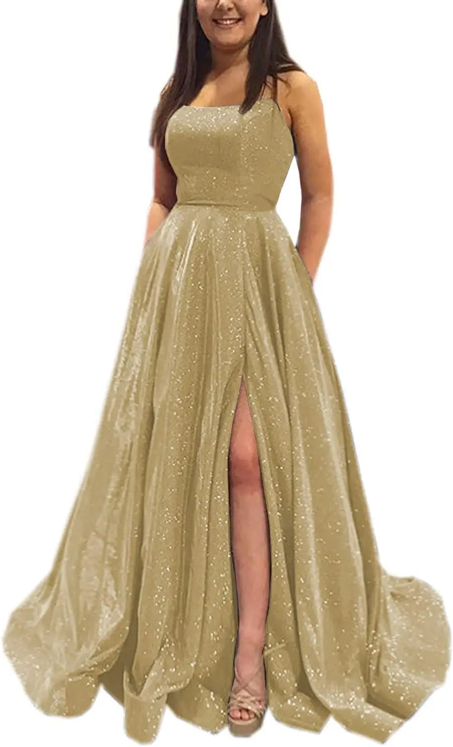 Vestidos de fiesta con purpurina para mujer, 2025, con tirantes finos abiertos, largos, formales, para noche, boda, fiesta, baile, con bolsillos 