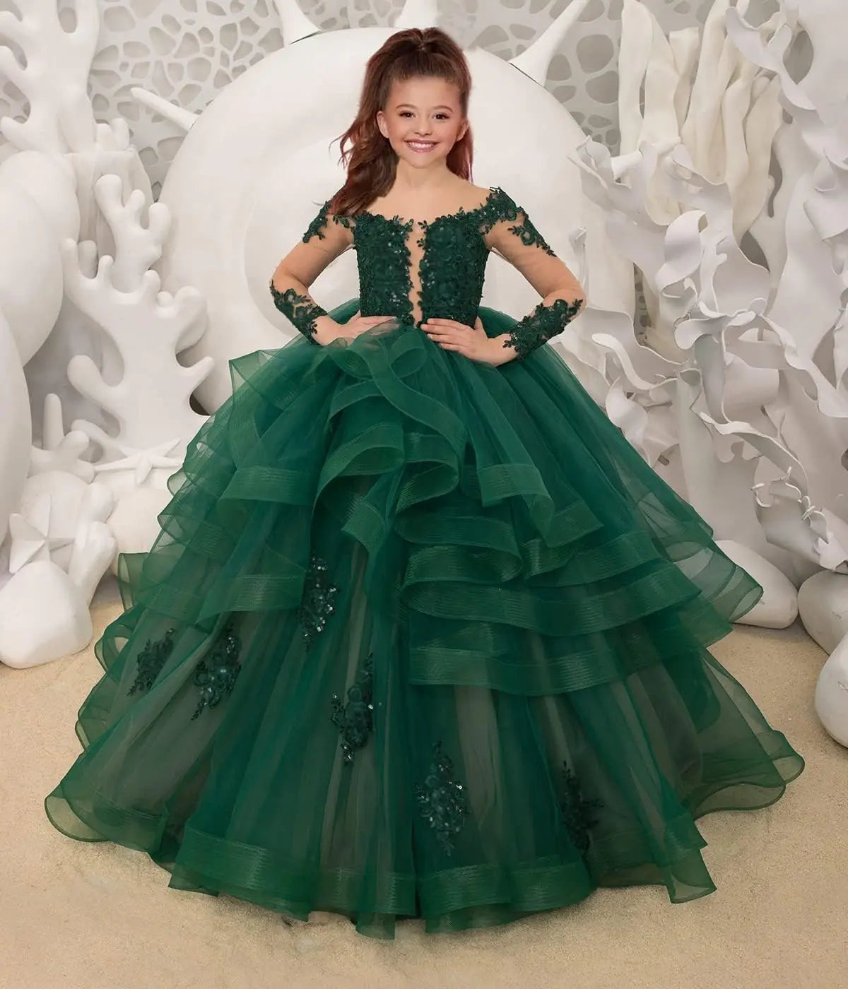 Long Sleeve Flower Girl Dresses Laces Applique Beaded Princess Pageant Dress Beaded Ruffle Tulle Kids Prom Party Gown
