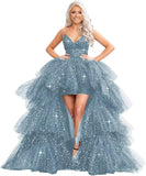 High Low Pailletten Tüll Ballkleider Mehrlagiges Romantisches Ballkleid für Damen Funkelndes Abendkleid Abendkleider 