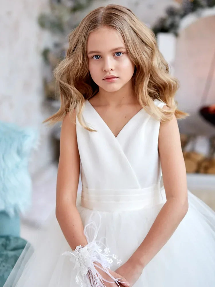 Falda de tul blanco con top de satén y lazo sin mangas para bodas, fiestas de cumpleaños, vestidos de primera comunión y vestidos de niña de las flores 