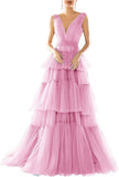 Vestidos de fiesta largos con escote en V doble para mujer, 2025, de tul escalonado, corte A, plisados, formales, para fiesta de noche. 