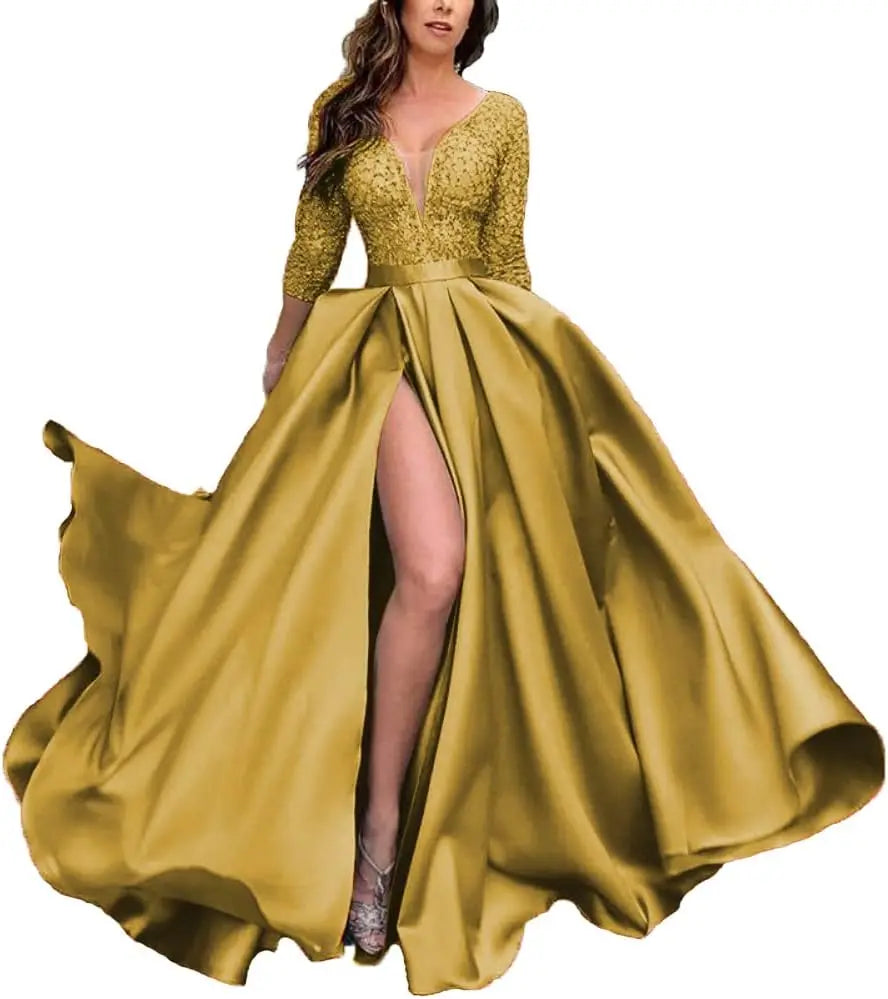 Deep V-Neck Satin Prom Dress for Women, 3/4 Sleeve Formal Evening Gown with Pockets, Elegant Party Dress