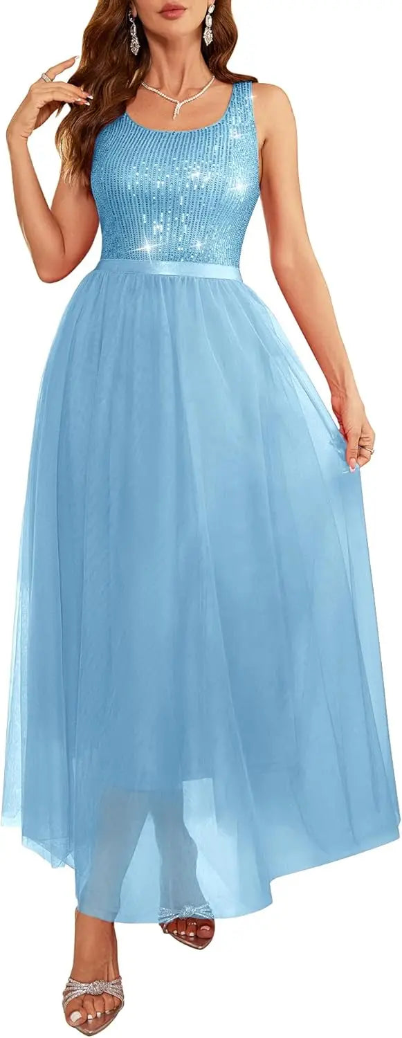 Sequin Dress for Woman Vintage A Line Wedding Formal Swing Mesh Prom Dress Sleeveless Cocktail Maxi Gowns