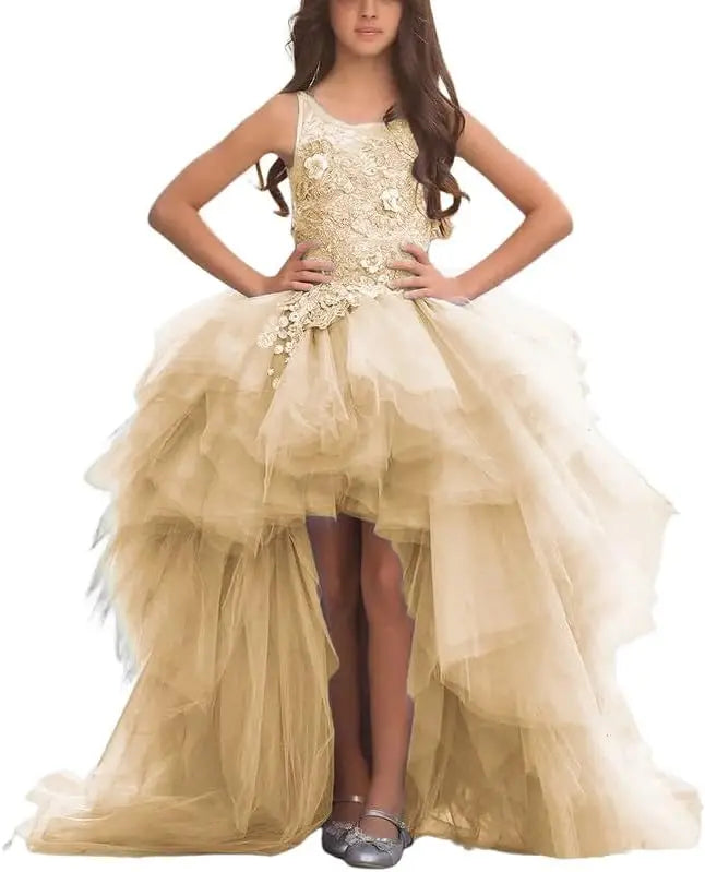 Blumenmädchenkleid für Mädchen, hoch und niedrig, Festzugskleider, gestufte Tüllapplikationen, Prinzessin, formelle Party, Ballkleid, Festzug für Mädchen 