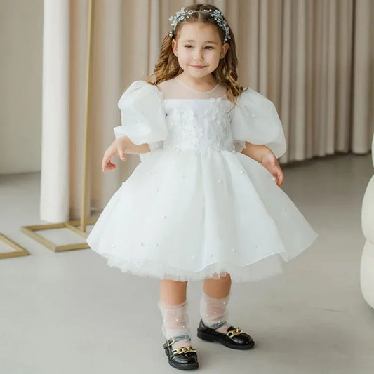 White Tulle Puffy Appliques Pearls With Bow Short Sleeve For Wedding Birthday Party Holy Communion Gowns Flower Girl Dresses