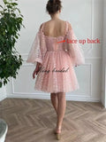 Hübsches Herz, kurzes Tüll-Heimkehrkleid für Teenager, Puffärmel, Mini-Spaghettiträger, formelles Abendkleid, Party-Cocktailkleid 