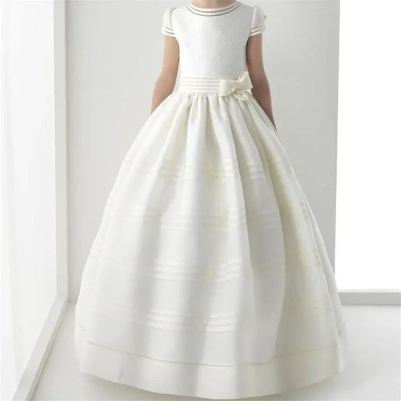 Vintage Ivory Satin Pearls Top With Bow For Wedding Birthday Party Princess Baptism Gowns Customized Flower Girls Dresses