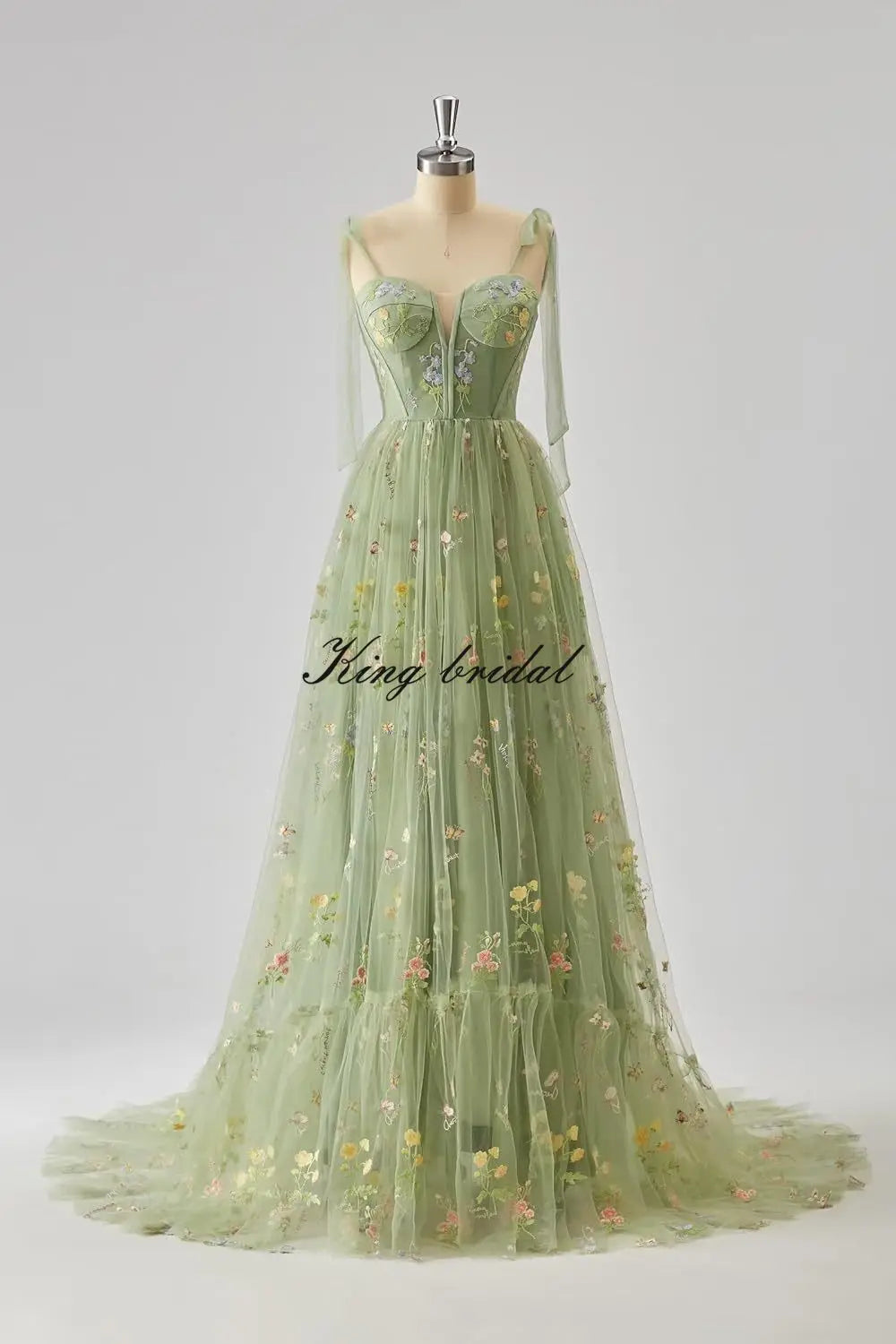 Women's Flower Embroidery Tulle Prom Dresses Corset Long Spaghetti Strap Fairy Ruched Formal Evening Party Gowns Bridesmaid Gown