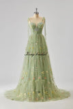 Women's Flower Embroidery Tulle Prom Dresses Corset Long Spaghetti Strap Fairy Ruched Formal Evening Party Gowns Bridesmaid Gown