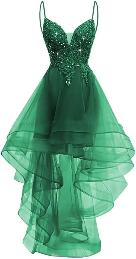 Lace Applique Homecoming Dresses 2025 High Low Spaghetti Straps Tulle Short Prom Dress for Teens Glitter Quinceanera Dress Gowns