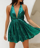 Vestido de lentejuelas para mujer, con tirantes finos, sexy, escote en V profundo, sin espalda, con purpurina, para fiesta, club, estilo patinador, minivestido de cóctel 