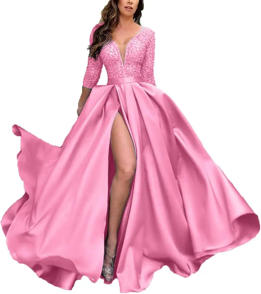 Deep V-Neck Satin Prom Dress for Women, 3/4 Sleeve Formal Evening Gown with Pockets, Elegant Party Dress