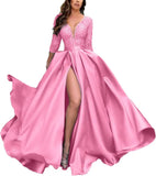 Deep V-Neck Satin Prom Dress for Women, 3/4 Sleeve Formal Evening Gown with Pockets, Elegant Party Dress