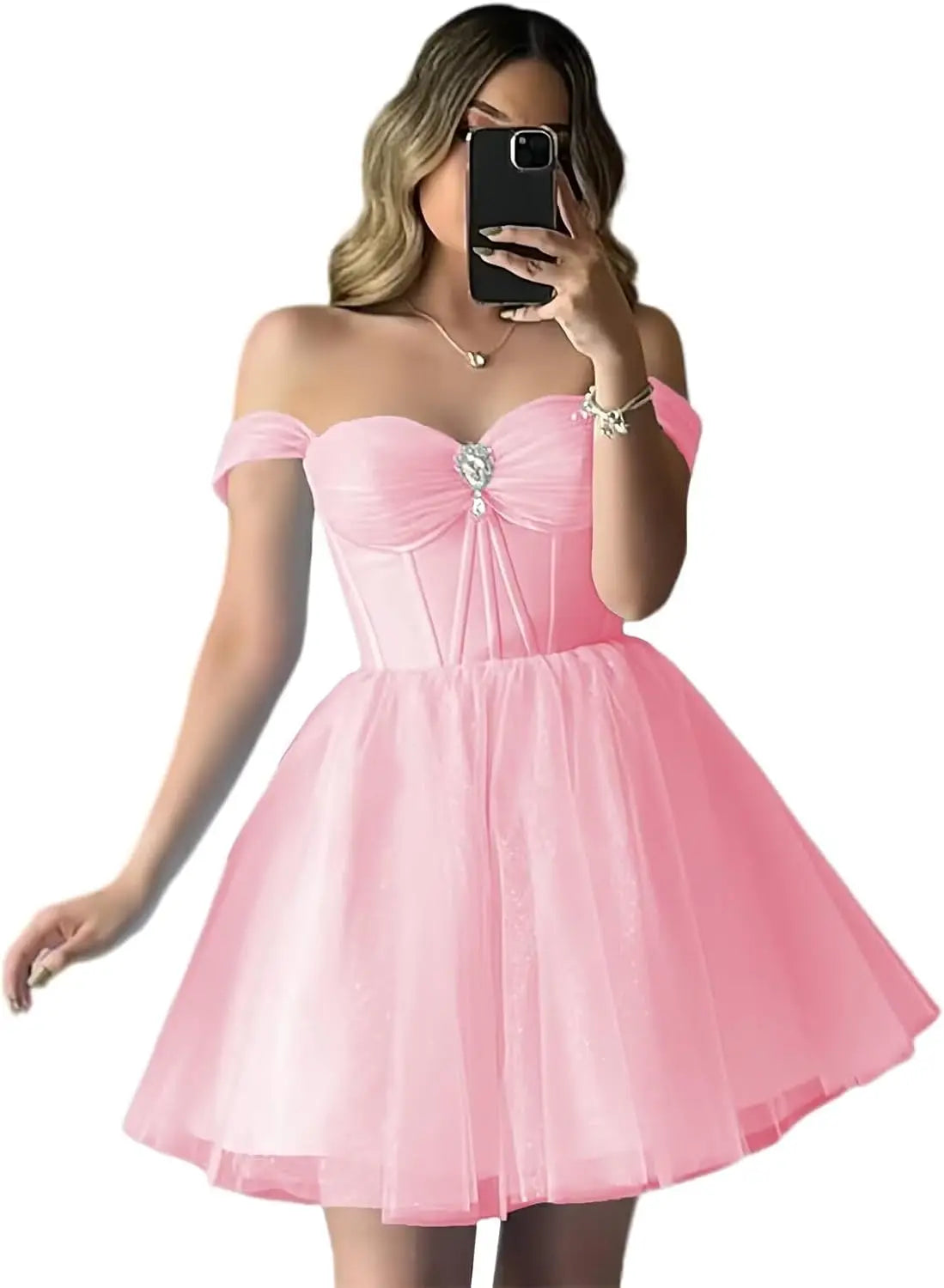 Vestidos de fiesta de tul brillante con hombros descubiertos, vestidos de fiesta cortos para adolescentes, vestido de cóctel de corte A con escote en forma de corazón y vuelo. 