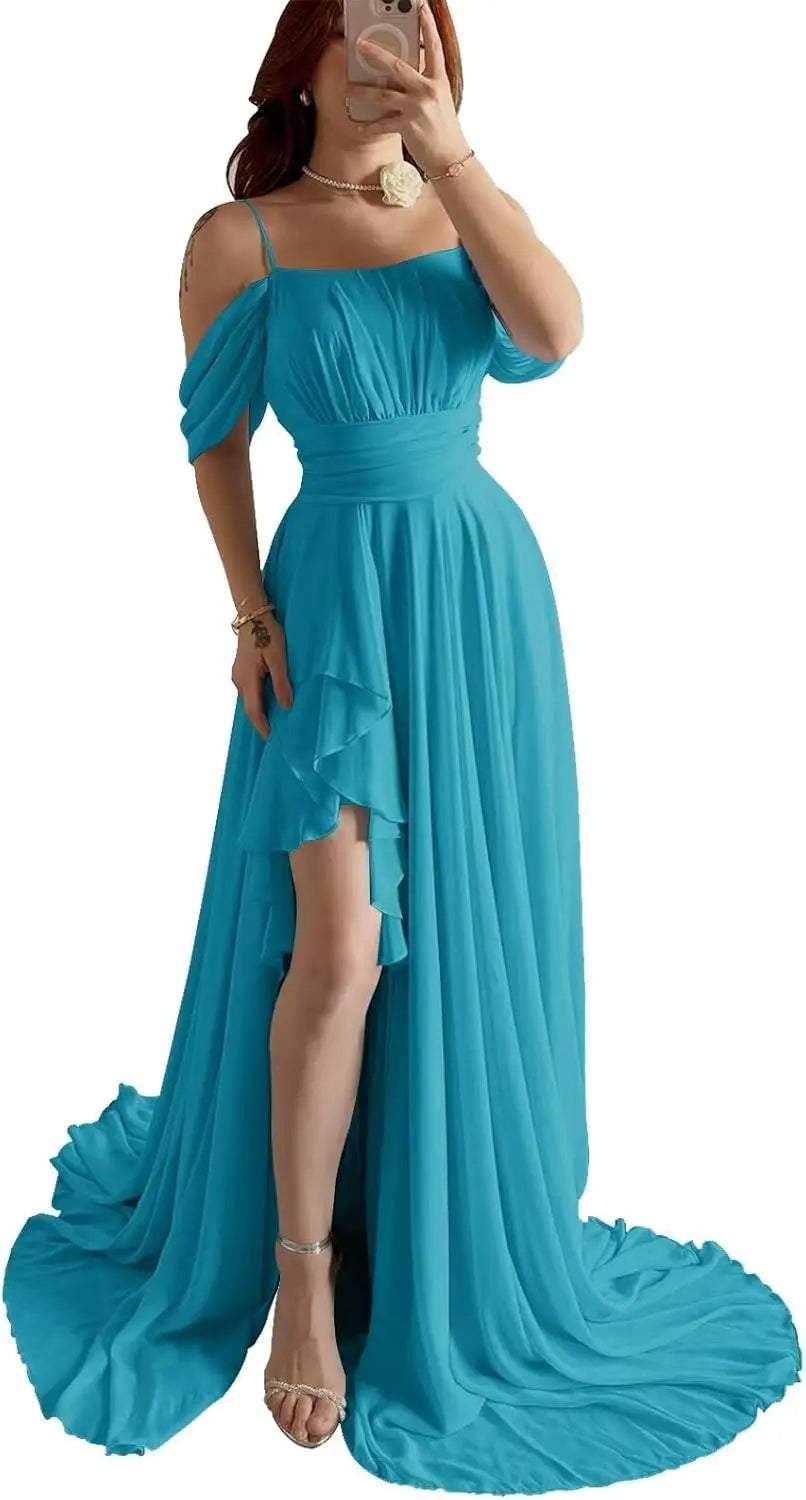 Elegantes schulterfreies Chiffon-Ballkleid für Brautjungfern mit Schlitz, lang, A-Linie, plissierte Rüschen, formelles Abendkleid für Damen 