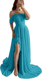 Elegantes schulterfreies Chiffon-Ballkleid für Brautjungfern mit Schlitz, lang, A-Linie, plissierte Rüschen, formelles Abendkleid für Damen 
