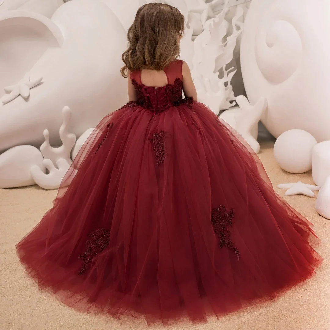 Burgundy Tulle Puffy Floral Appliques Sleeveless For Wedding Party Birthday Banquet Princess Gown Customized Flower Girl Dresse