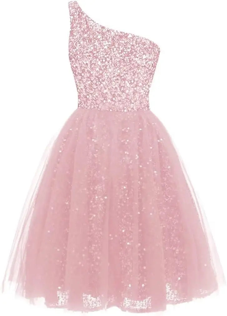 One Shoulder Sequin Homecoming Dresses Short Tulle Prom Dresses for Women A Line Princess Formal Cocktail Gown Gowns
