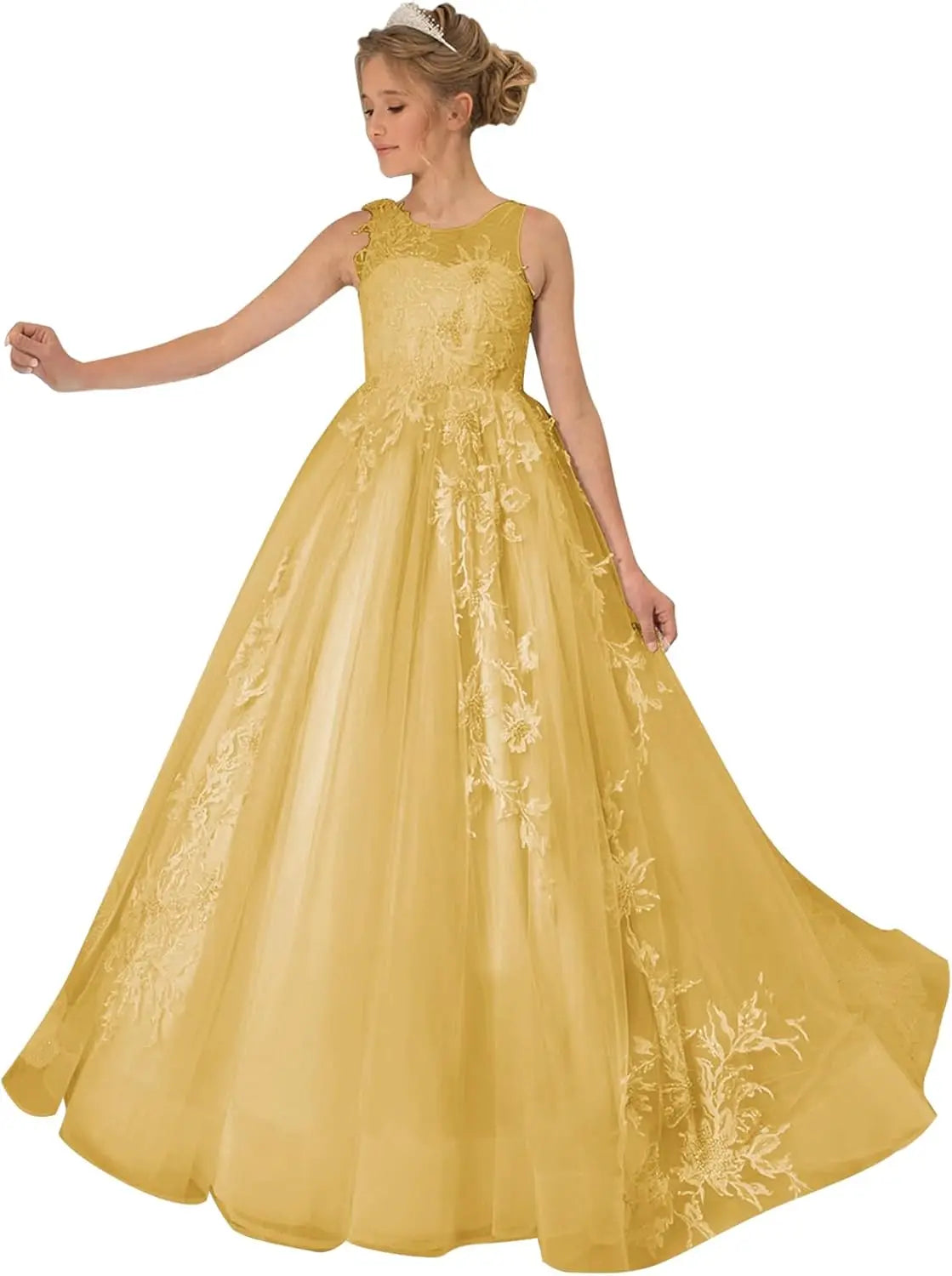 Princess Dress Tulle Lace Flower Girl Dress for Wedding Applique Princess Pageant Dress Long Party Ball Gown with Cape Sleeves