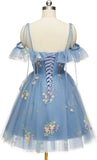 Vestidos cortos de fiesta para adolescentes con bordado de flores, tul, tirantes finos, largo hasta la rodilla, con margaritas y estampado floral. 