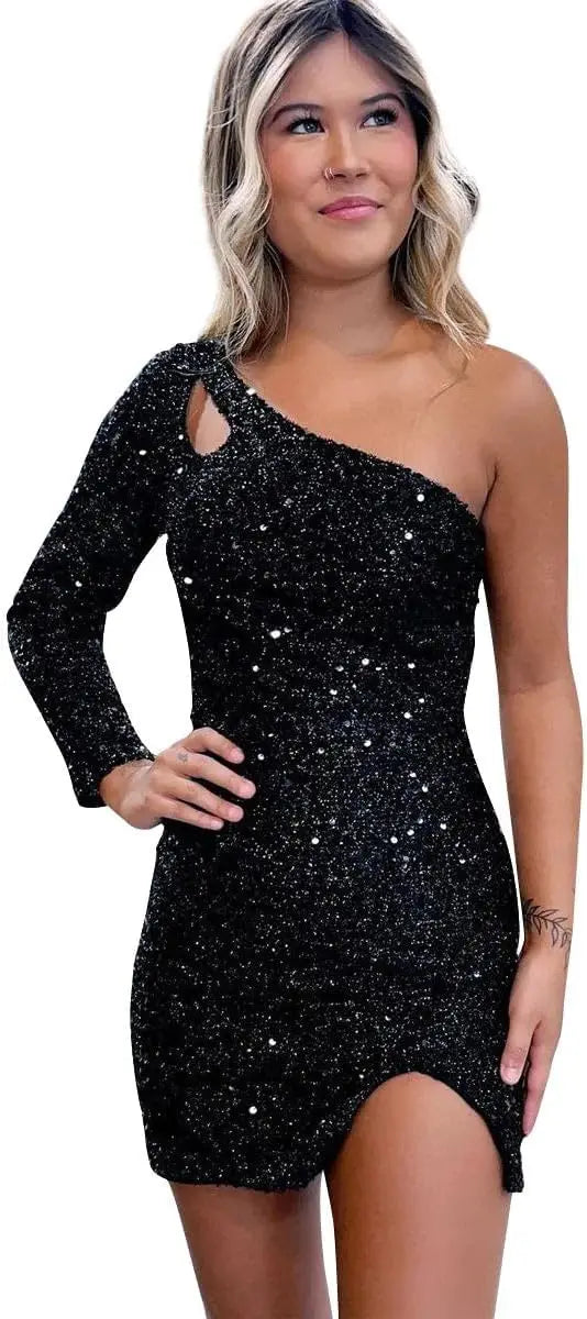 Women's One Shoulder Sequin Homecoming Dress Short Sparkly Long Sleeve Prom Party Gowns for Teens cocktail dresses