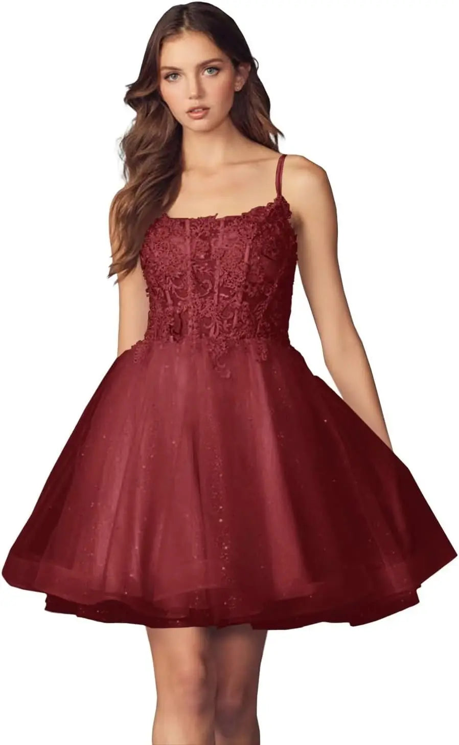 Kurzes Homecoming-Kleid mit Spitzenapplikationen aus Tüll für Teenager mit Spaghettiträgern, Cocktail-, Abschlussball- und Partykleider 