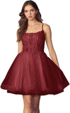 Kurzes Homecoming-Kleid mit Spitzenapplikationen aus Tüll für Teenager mit Spaghettiträgern, Cocktail-, Abschlussball- und Partykleider 
