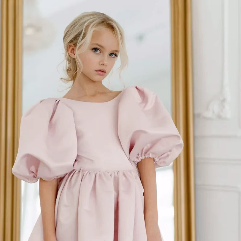 Birthday Pageant Banquet Princess Gown princess dress Flower Girl Dress Light Pink Satin With Bow Short Sleeve For Wedding