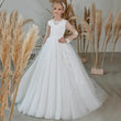 Vestidos de princesa para banquetes de fiesta de cumpleaños, vestidos de niña de las flores con apliques bordados de tul blanco y manga larga para boda 