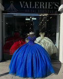 Off Shoulder Beaded Quinceanera Dresses Glitter Tulle Prom Dress Butterfly Appliques Sweet 16 Dresses with Bow